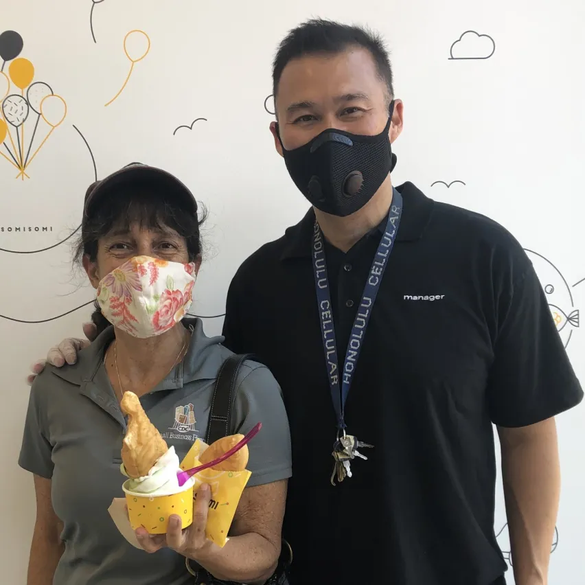 Mark Tran, owner of Somisomi in Huntington Beach, CA poses with Stacey Sanchez, loan officer from CDC Small Business Finance.