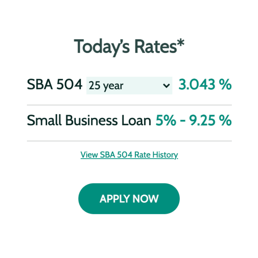 Access the current rate any time. For SBA 504 rates just click the drop down to select the term and it will populate the corresponding rate.