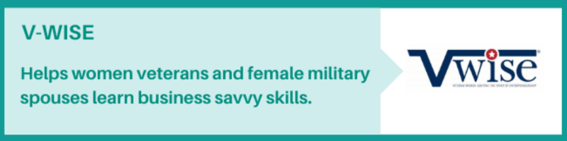 Graphic with link to V-Wise, helping women veterans and female military spouses learn business-savvy skills.