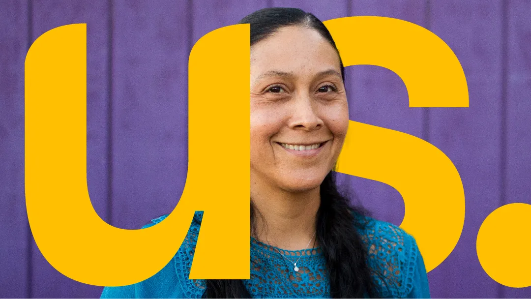 Graphic of a women between two large letters, which make up Momentus Capital's logomark, "US."
