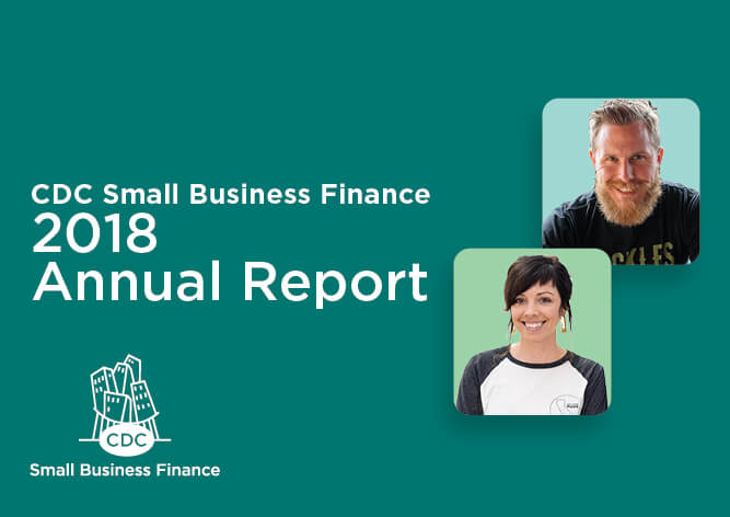 CDC Small Business Finance graphic representing our 2020 Annual Report with a green background, two individuals, and the text '2018 Annual Report' with a CDC Logo.