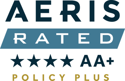 Logo for Aeris ratings showing four stars for impact management and AA+ rating for financial strength and performance