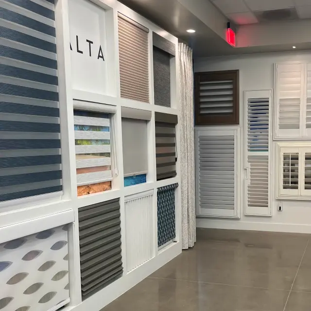 Building interior of Adobe Blinds, a small business in Arizona, showing the product display wall.