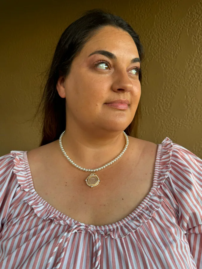 Aimee Nicole Bridal - Aimee Nicole modeling her Renewed Butterfly Necklace: We offer two variations of this necklace: 16" gold chain or 18" strand of white glass pearls, Butterfly pendant