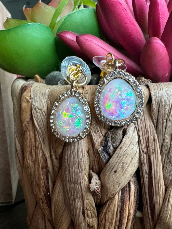 Aimee Nicole Bridal - Exquisite Earrings: Imitation opal with rhinestones on gold backing; Gold stud backings