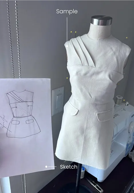A fashion sketch beside a garment prototype on a dress form at Lafrance Studio.